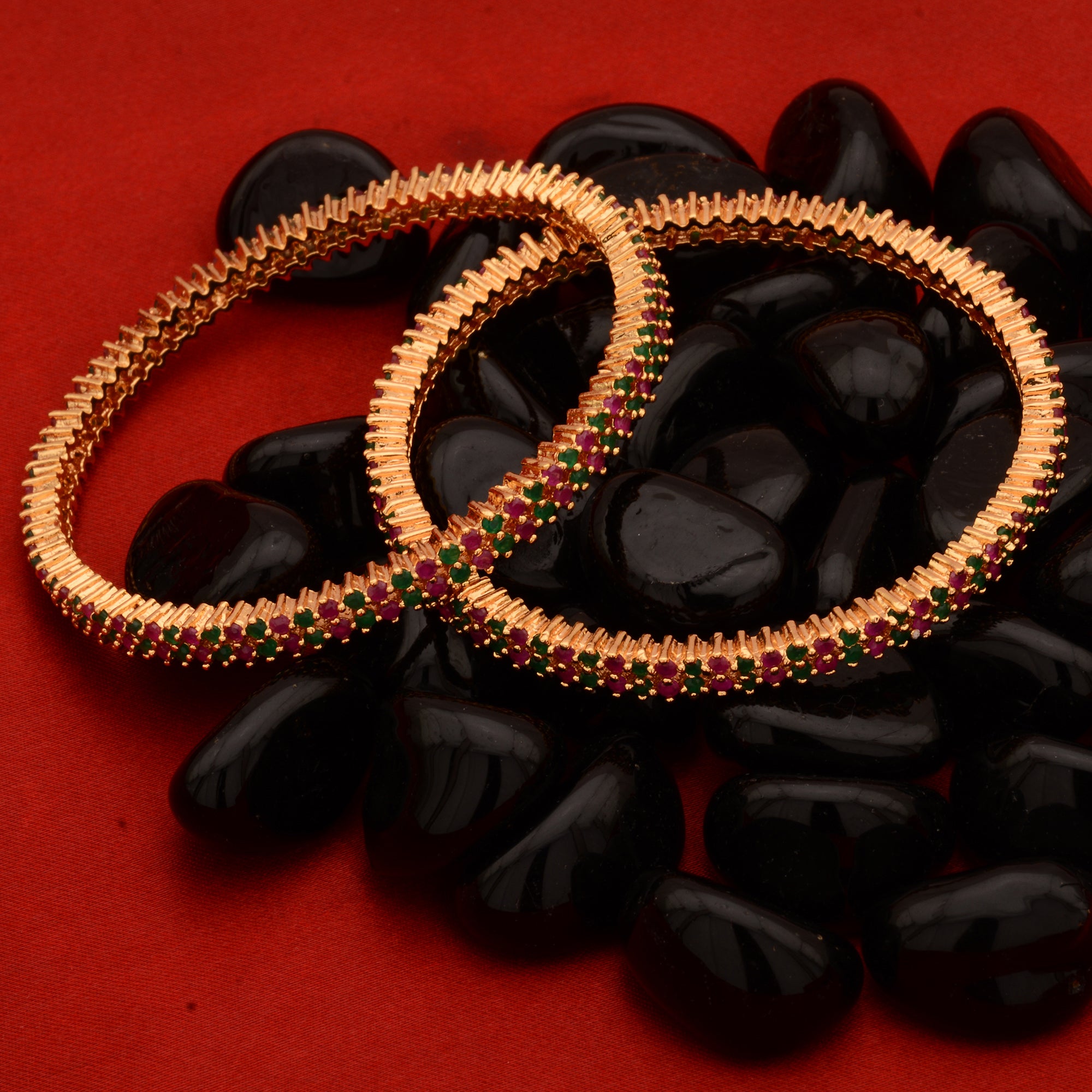 Trendy Traditional Micro Gold Plated Ruby Green AD Stone Bangles