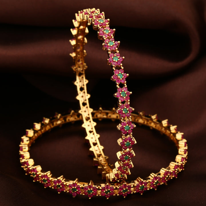 Micro Gold Plated American Diamond Ruby Green Stone Bangles with Floral Motifs - New Collection