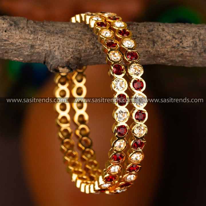 Guaranteed Traditional Wera Micro Gold Plated Maroon White American Diamond Stone Studded Bangles Online Shopping