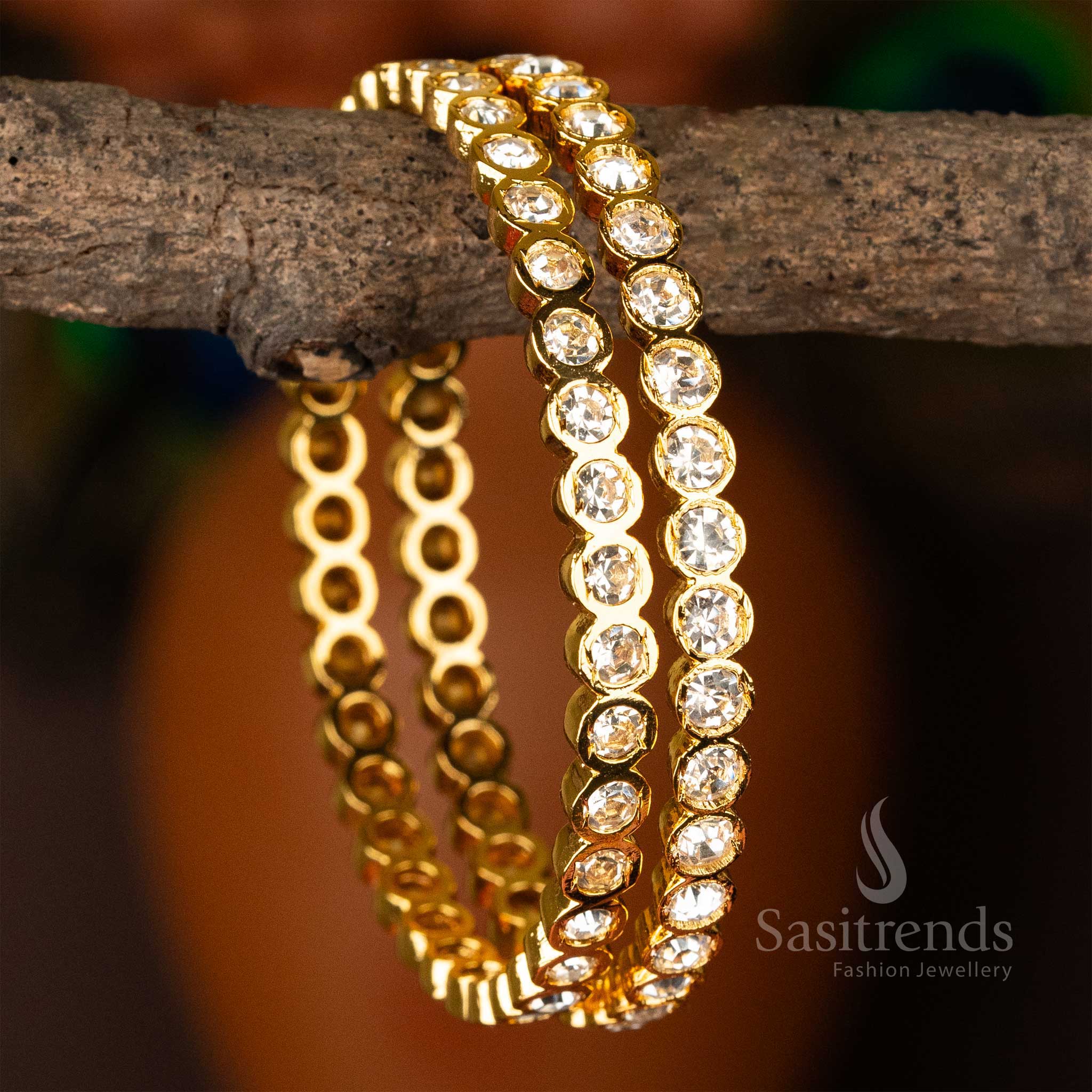 Elegant Traditional Micro Gold Plated Para Stones Impon Bangles for Women adorned with sparkling White Stones - Sasitrends