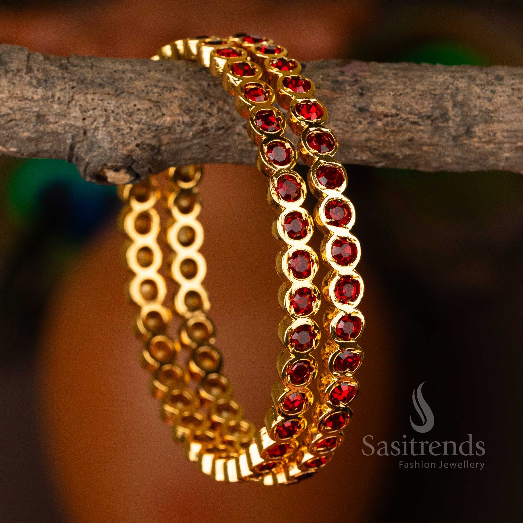 Timeless Traditional Micro Gold Plated Para Stones Impon Bangles for Women with Deep Maroon Stones