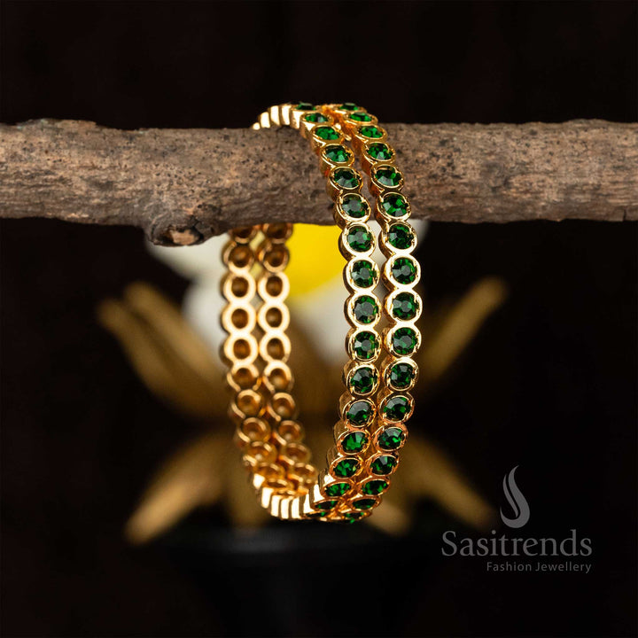 Opulent Traditional Micro Gold Plated Para Stones Impon Bangles for Women featuring vibrant Green Stones - Sasitrends