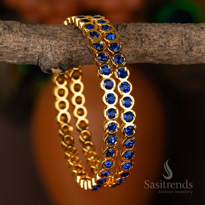 Exquisite Micro Gold Plated Para Stones Impon Bangles for Women, adorned with mesmerizing Blue Stones - Sasitrends