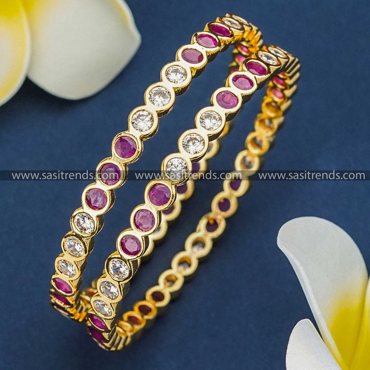 Traditional Micro Gold Plated Three Ruby Three White AD Stone Addigai Bangles