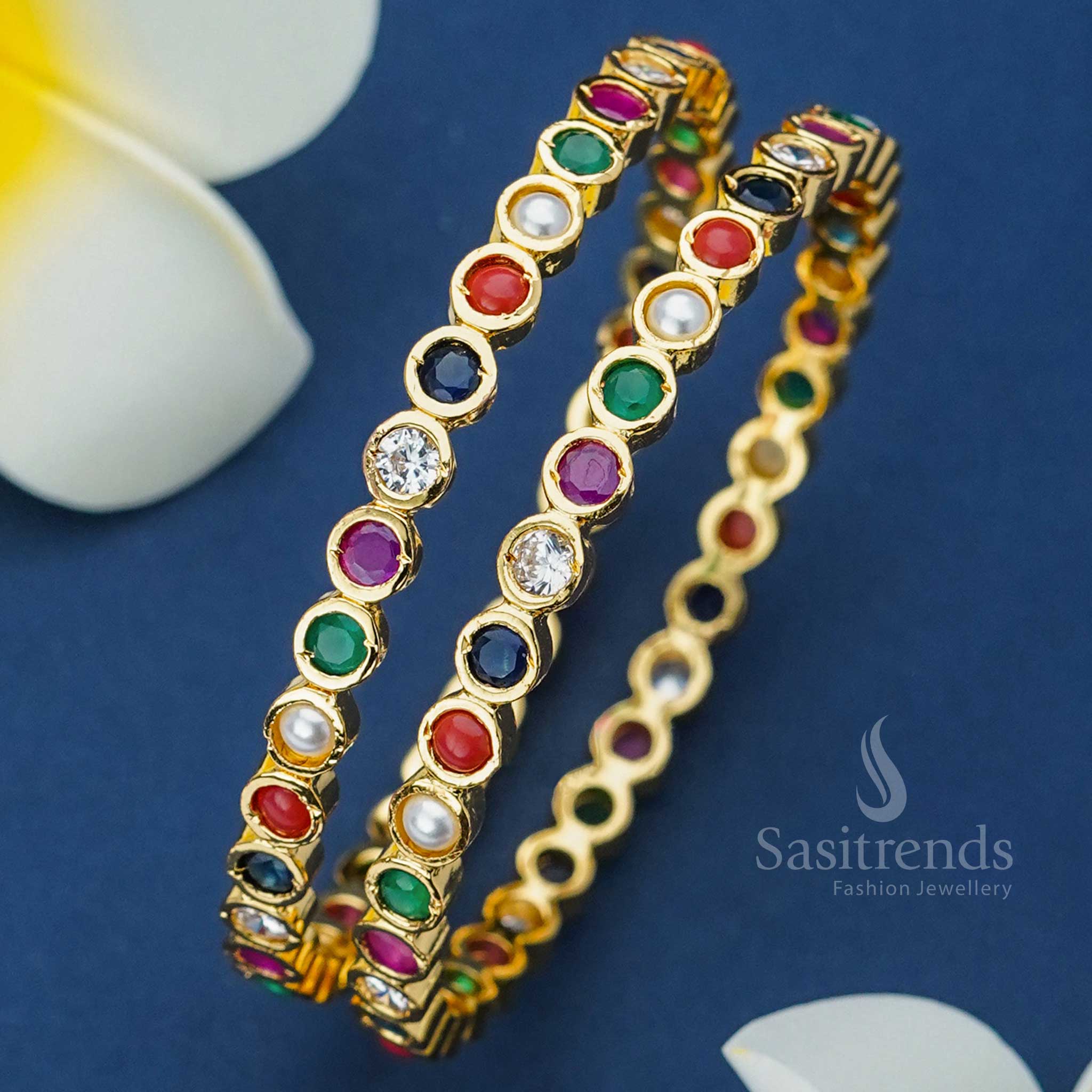 Sacred New Traditional Micro Gold Plated Addigai Bangles with AD Stone, embedded with Navarathna Stones, representing divine energy, positivity, and rich cultural heritage - Sasitrends