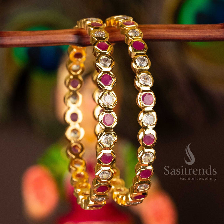 Dazzling New Traditional Micro Gold Plated Addigai Bangles with AD Stone, decorated with White and Ruby Stones, blending elegance with divine ethnic charm - Sasitrends