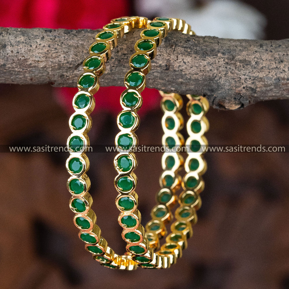 Traditional Micro Gold Plated Green Attigai Bangles For Traditional Women