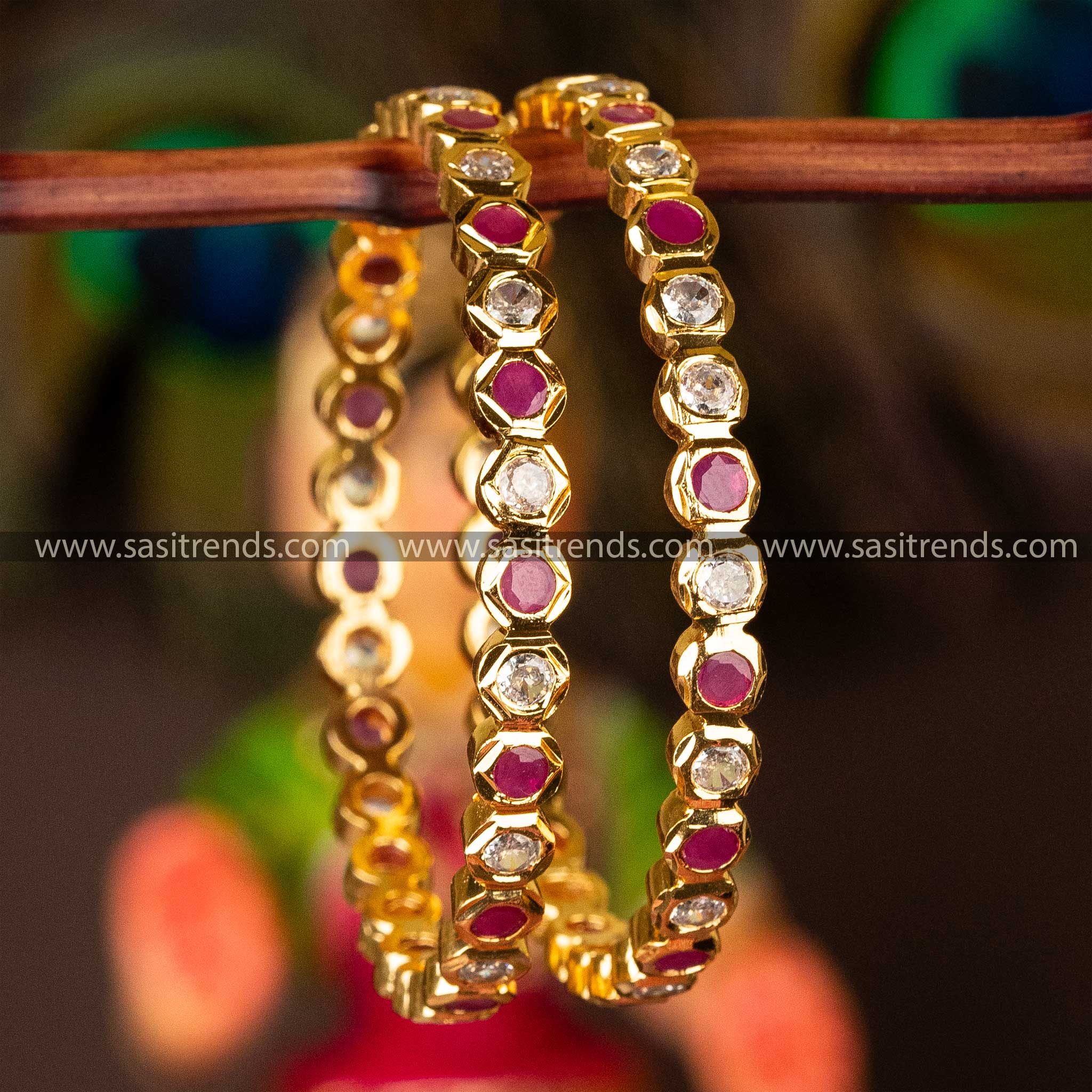 Guaranteed Micro Gold Plated One Gram Gold White Ruby AD Stone Addigai Bangles