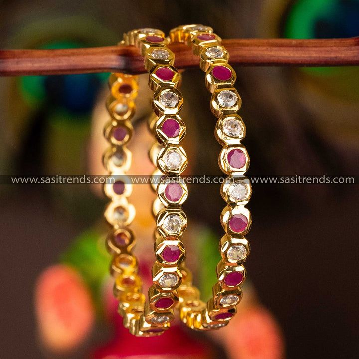 Guaranteed Micro Gold Plated One Gram Gold White Ruby AD Stone Addigai Bangles