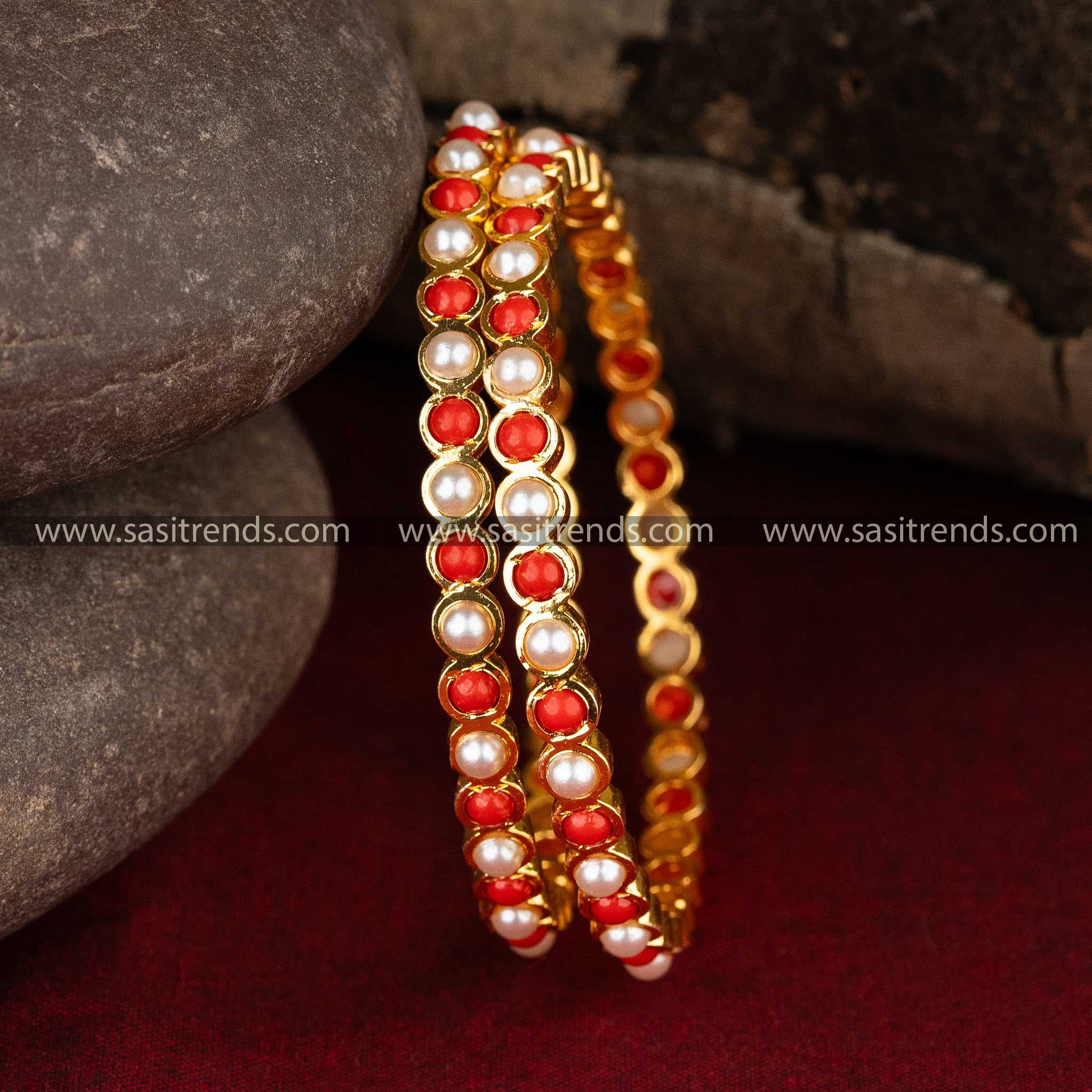 Traditional Micro Gold Plated Pearl And Authentic Pavalam Stone Stud Addigai Bangles Sasitrends