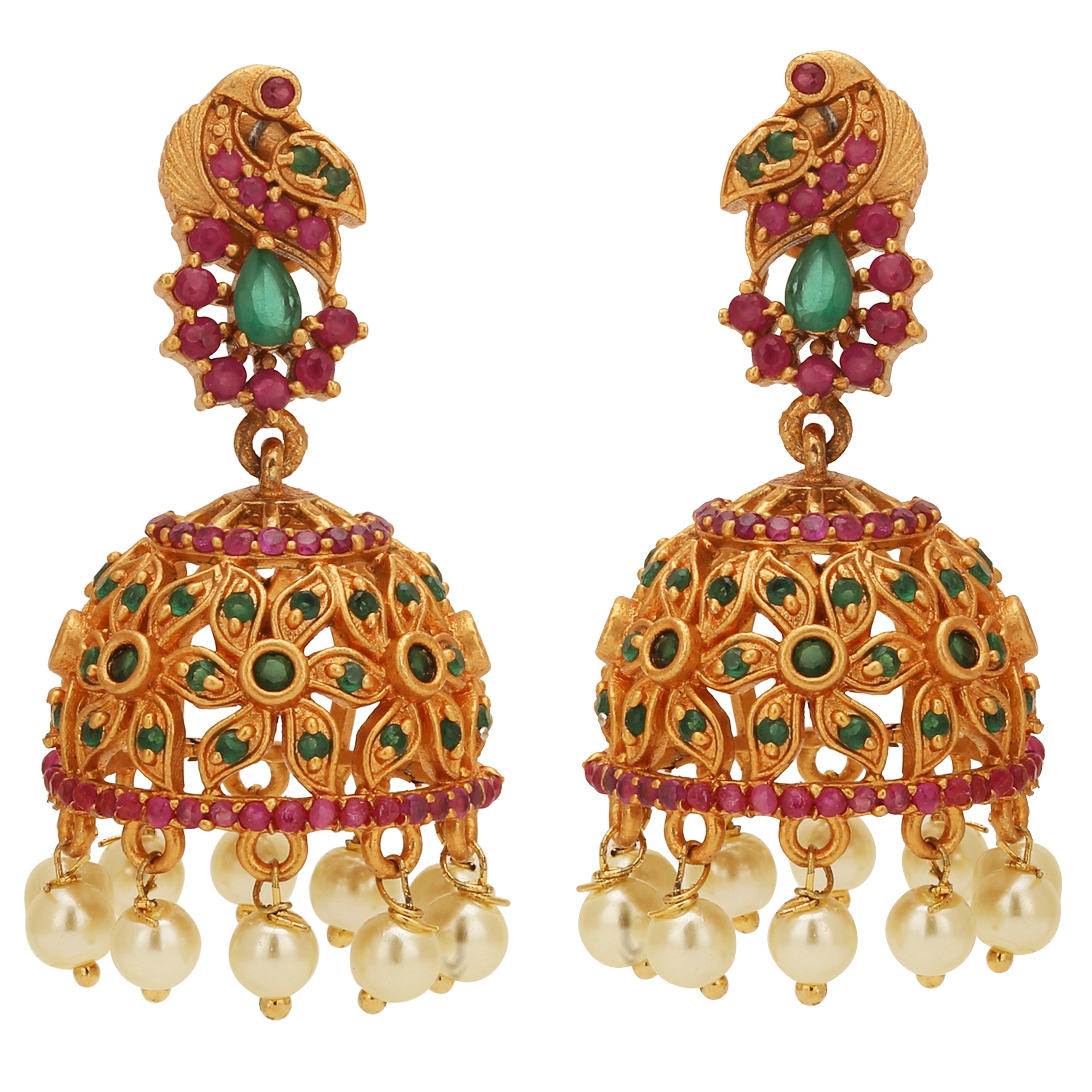  Enchanting Pearl Peacock Jhumka Earrings - Pearls and floral motifs intertwine in captivating peacock-inspired earrings