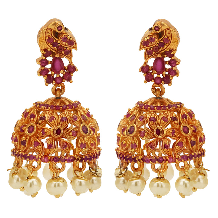 Majestic Ruby Peacock Flower Jhumka Earrings - Sparkling rubies in a peacock-inspired floral setting for an enchanting look.