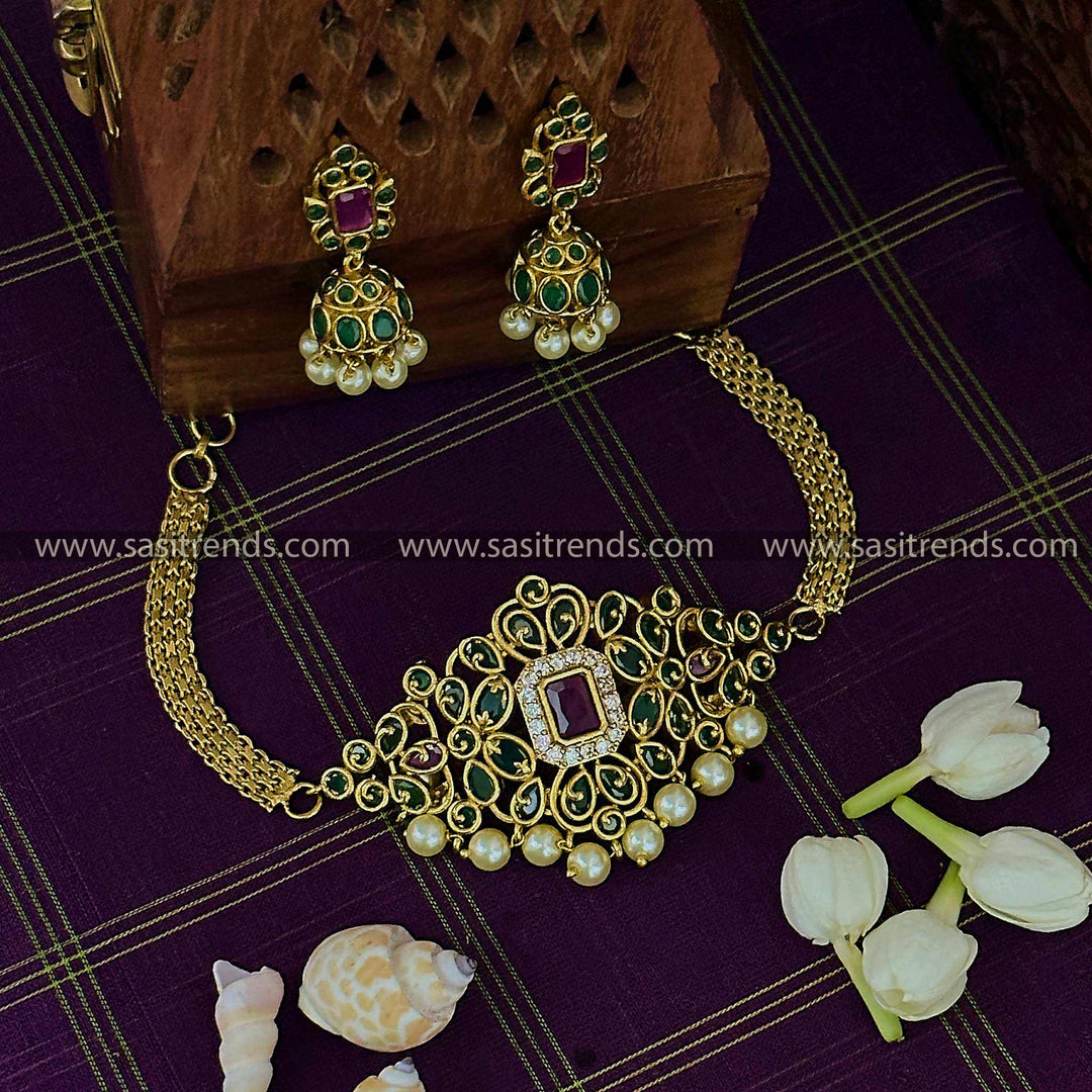 Trendy Bridal Temple Gold Pearl Choker Multi AD Necklace Set