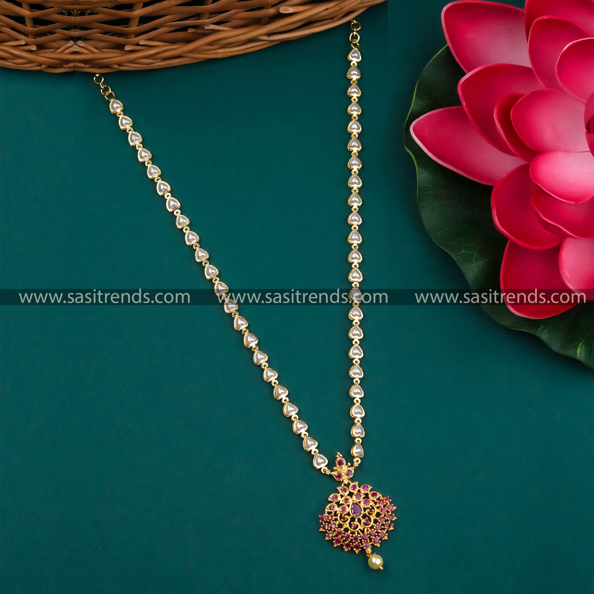 Trendy Ruby AD Stone Studded Pearl Chain Necklace with Floral Pendant