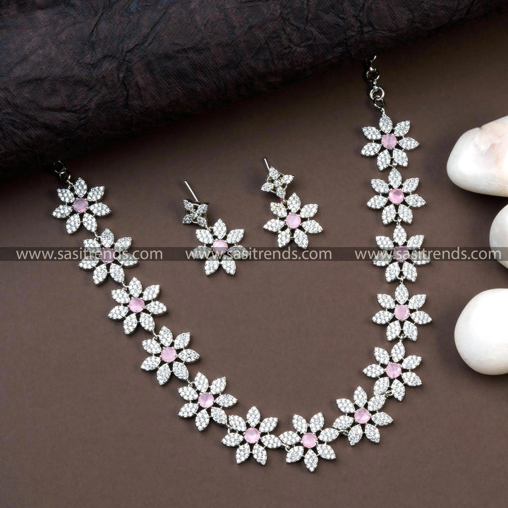 Rhodium Silver Plated Floral Motifs Party Necklace Set with Pink American Diamonds - Exude Glamour at Parties and Events