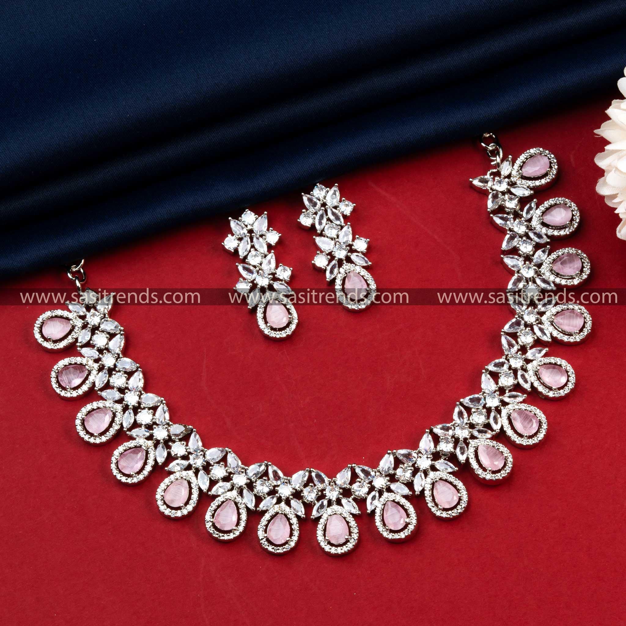 Charming Rhodium Silver Plated AD Necklace with Sparkling Pink Stones - Women's Fashion Jewelry