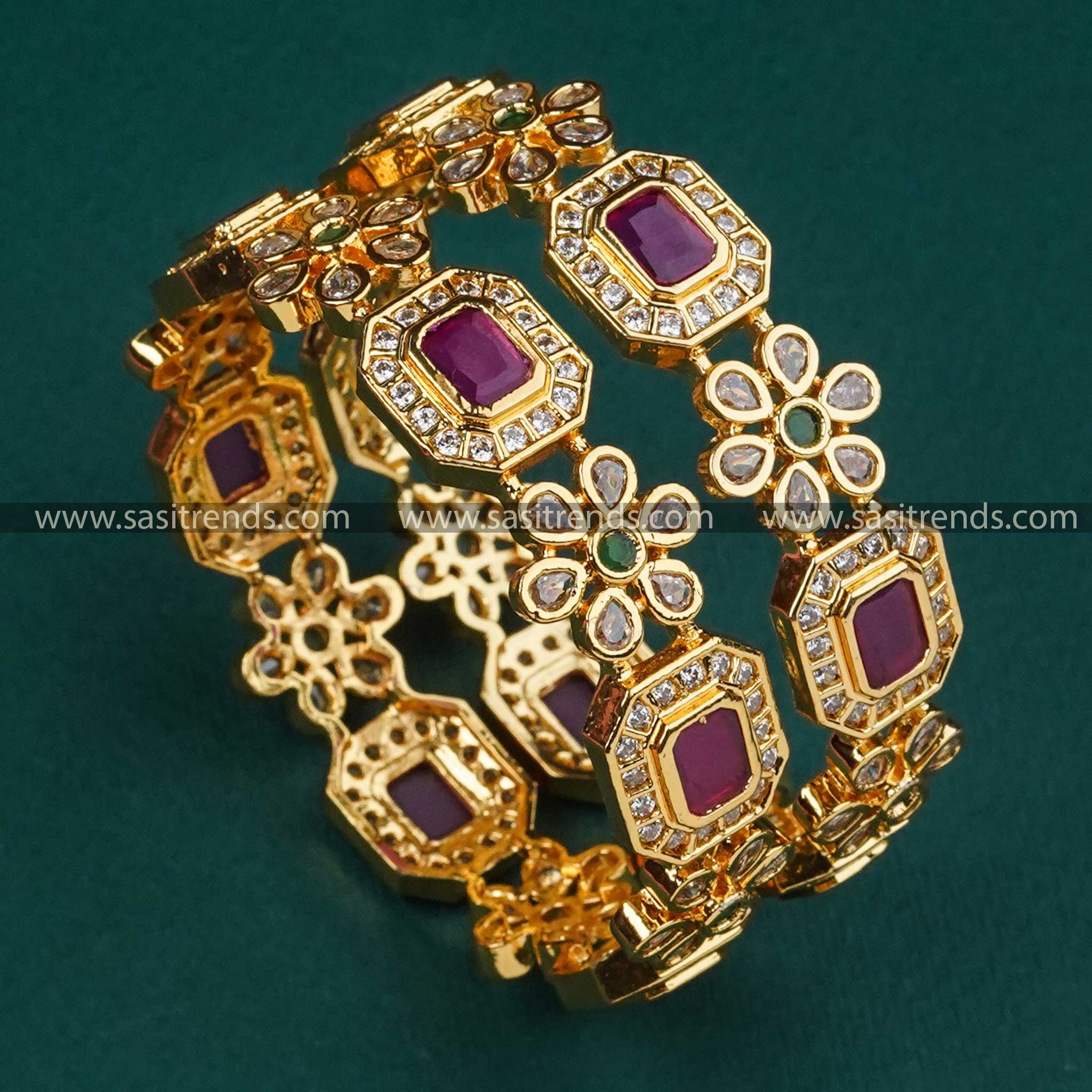 Elegant Traditional AD Bangle Pair with Flower and Ruby Motifs For Women