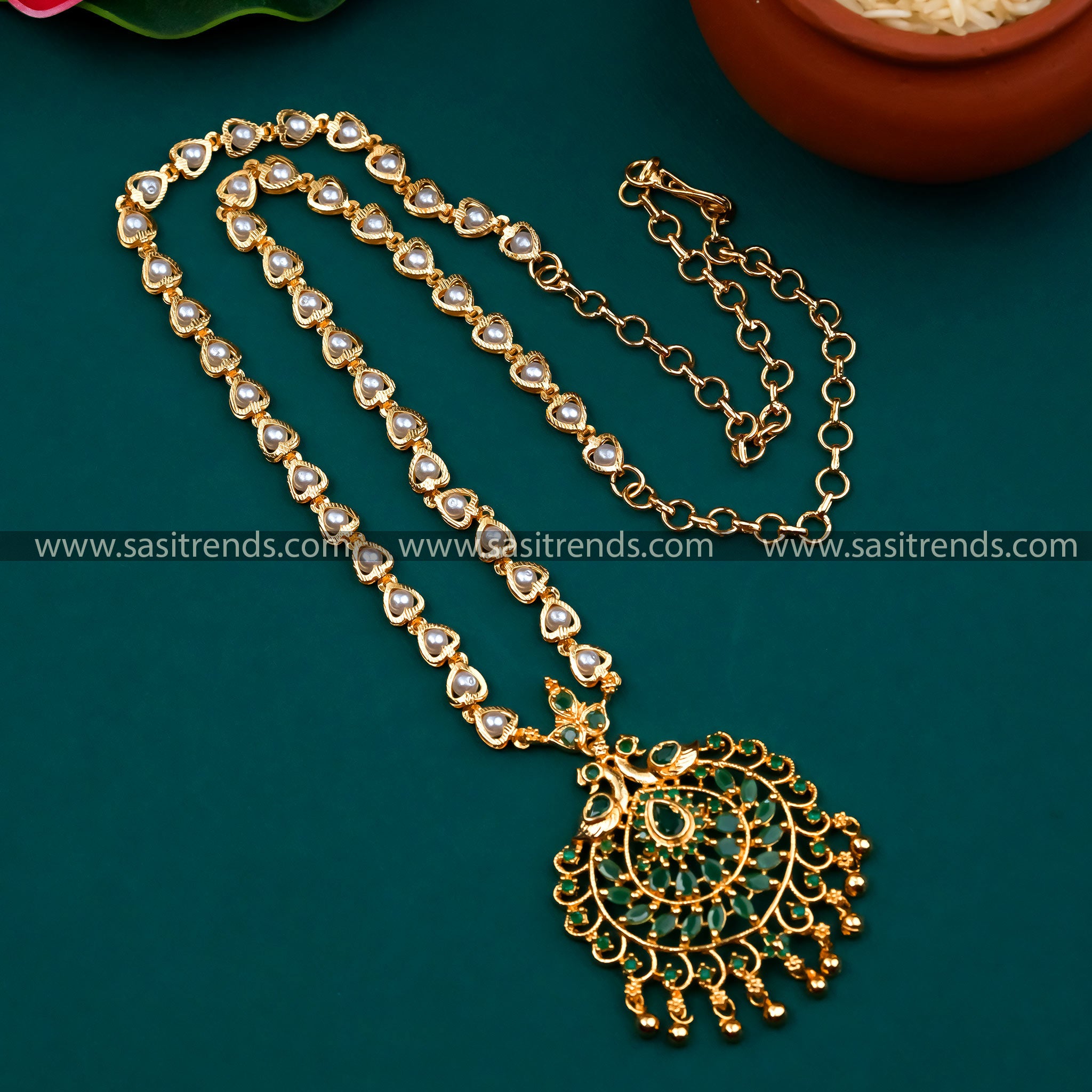 Green American Diamond Stones Adorned Peacock Pendant Chain - Traditional Micro Gold Plated Jewelry