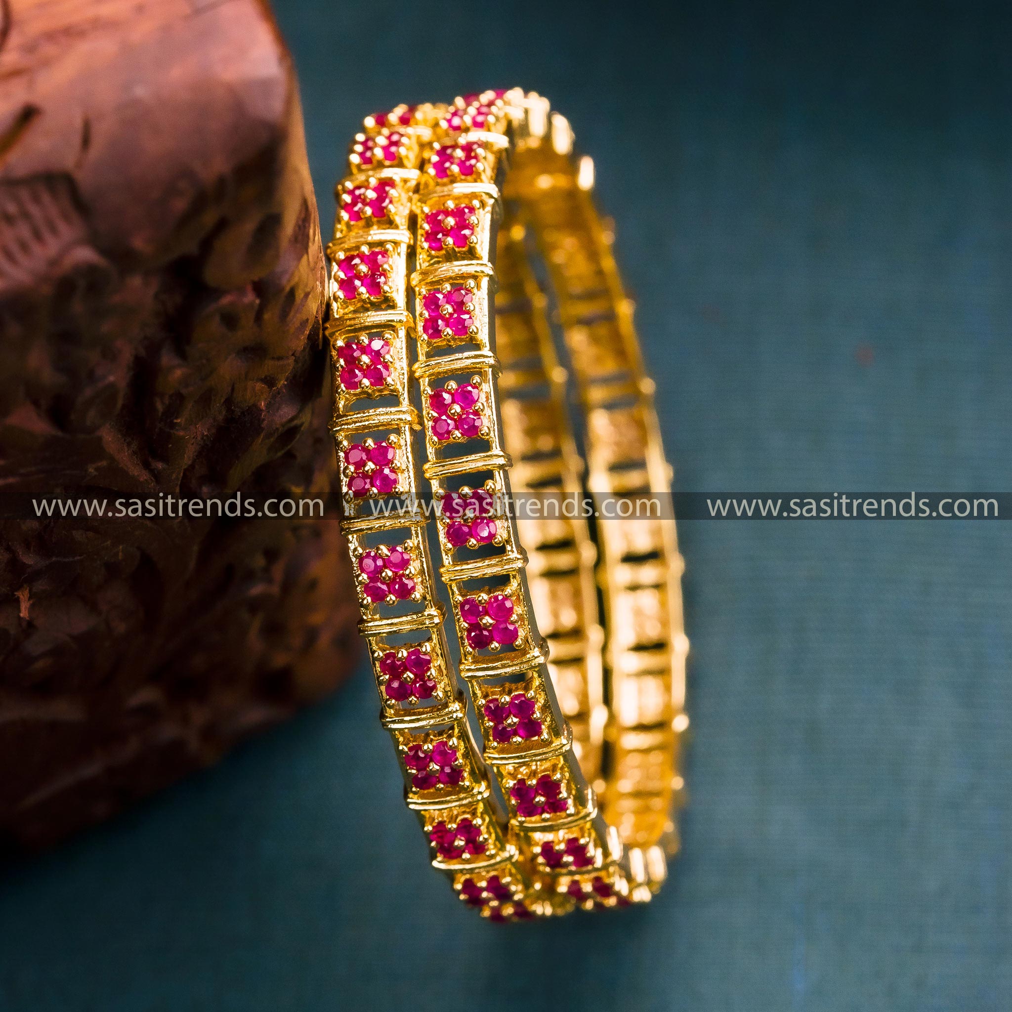 Ruby Floral Motif Brass Bangle Pair | Micro Gold Plated | American Diamond Stones