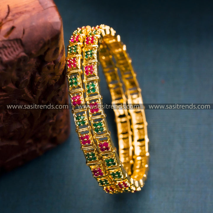 Traditional bangle pair with ruby-green floral motifs, Micro gold plated, American diamond stones, 1-year guarantee