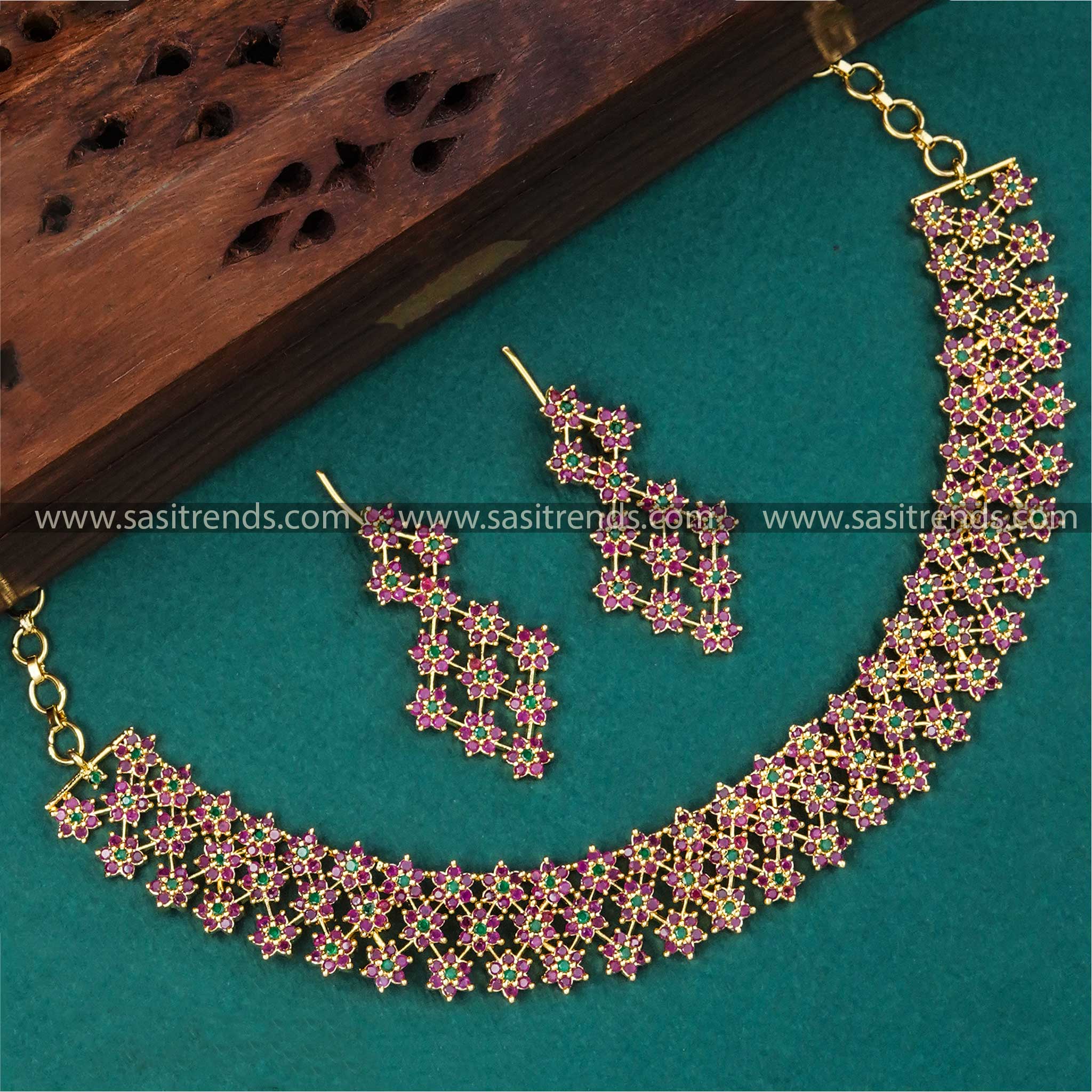 Luxurious One Gram Micro Gold Necklace Set with American Diamond Stars, Ruby Green Stones