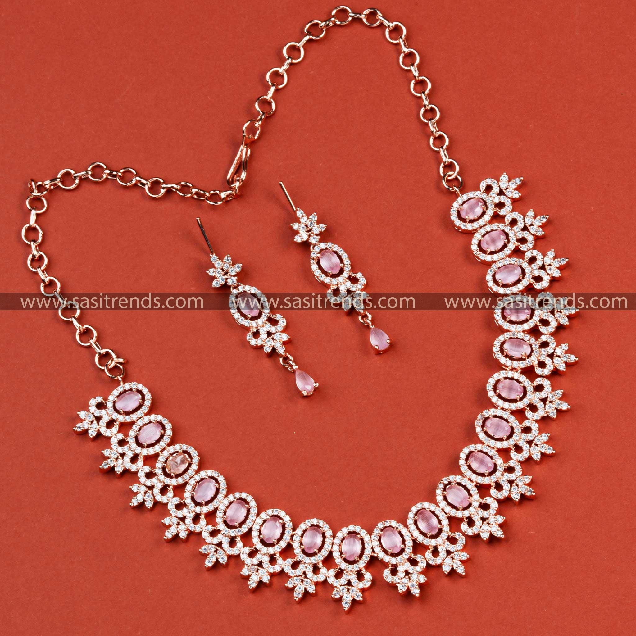 Radiate Beauty with a Rose Gold Plated Necklace Featuring Lovely Pink AD Stones - Ideal for Parties