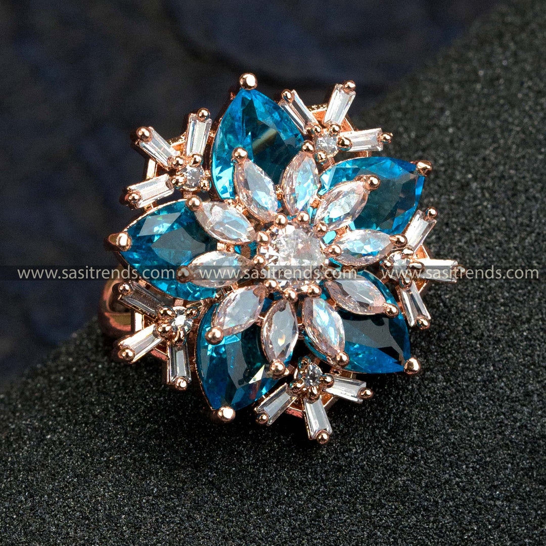 Gorgeous Rose Gold Plated Floral Ring with American Diamond Stones in Captivating Ocean Blue - Trendy Party Wear