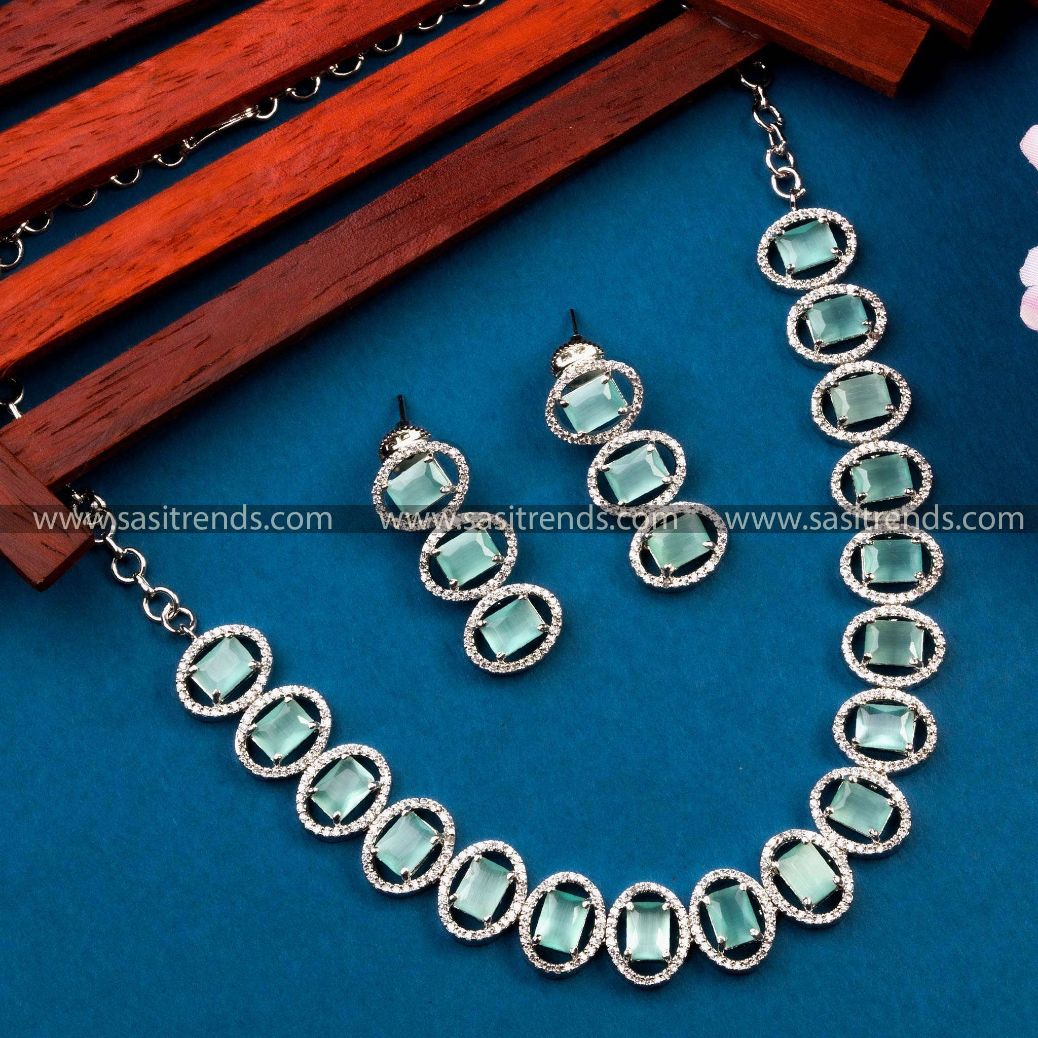 Chic Mint Stone Accented Necklace Set - Rhodium Silver Plated, AD Necklace with Earrings for Women 