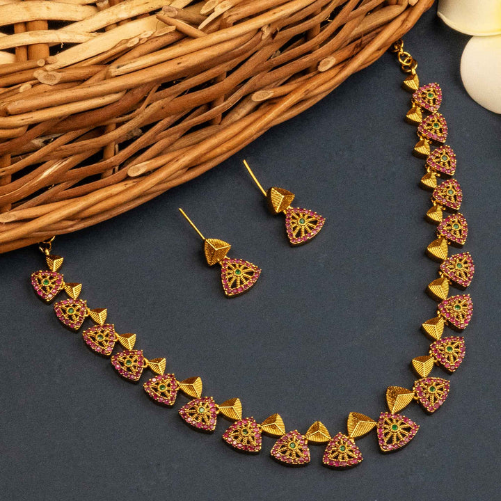 Temple Gold Necklace with American Diamond Stones - Ruby Green