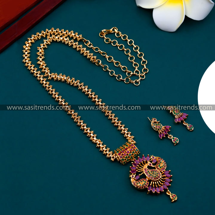 Gorgeous Long Peacock Pendant Chain - Micro Gold Plated Brass Jewelry Studded with AD Stones - Traditional and Trendy