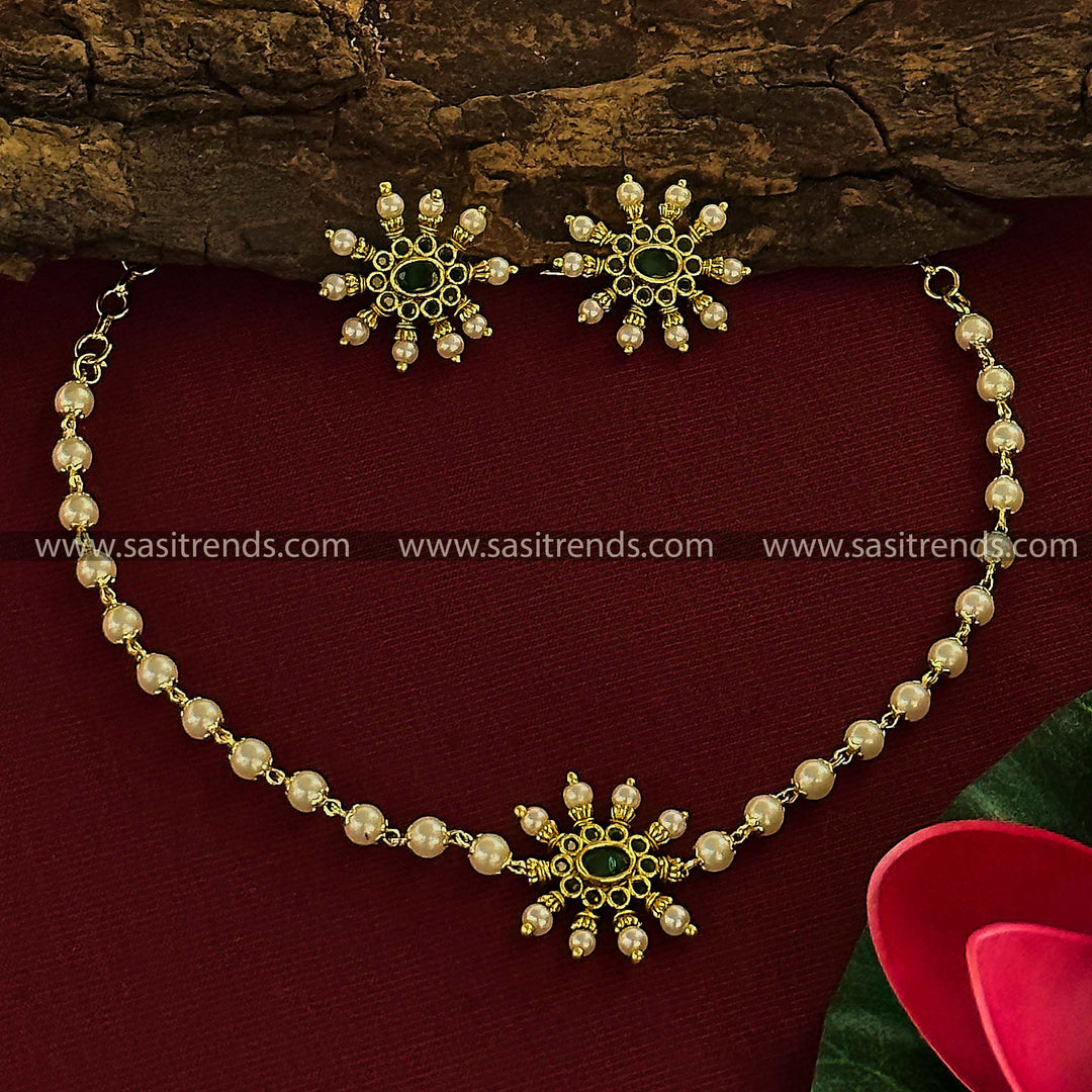 Stunning Ruby-Green Kemp Stone Floral Choker Necklace Set with Jhumkas - Premium Party Wear