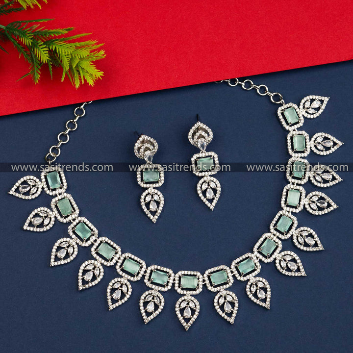 Stylish Mint Stone Party-Wear AD Necklace Set with Floral Design - Enhance Your Beauty with This Unique Rhodium Silver Plated Jewelry.