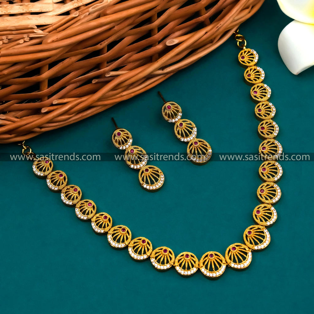 Exquisite Temple Gold Plated Necklace Set with Stunning White Ruby Color Stones