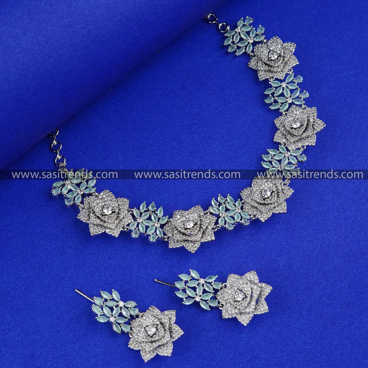 Grand Floral Design Rhodium Silver Plated American Diamond Jewellery Set for High-Class Parties