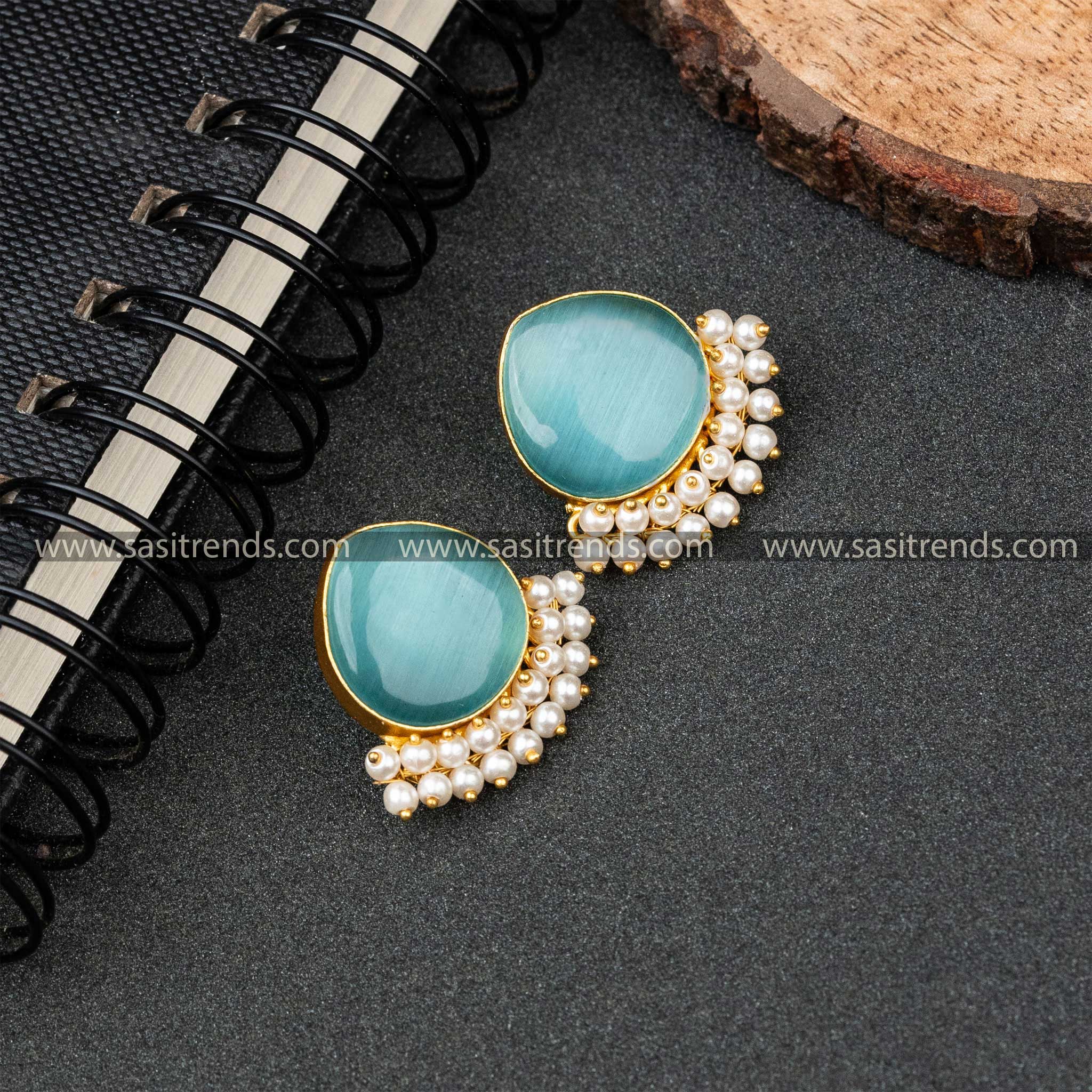 Gold Plated Pearl Hanging Monalisa Stone Studded Push Back Earrings