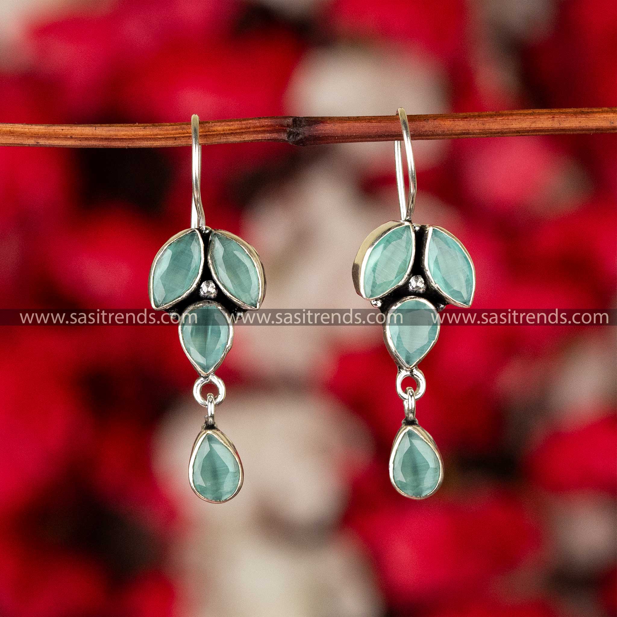 Aqua Glittering Stone Studded Fish Hook Earrings