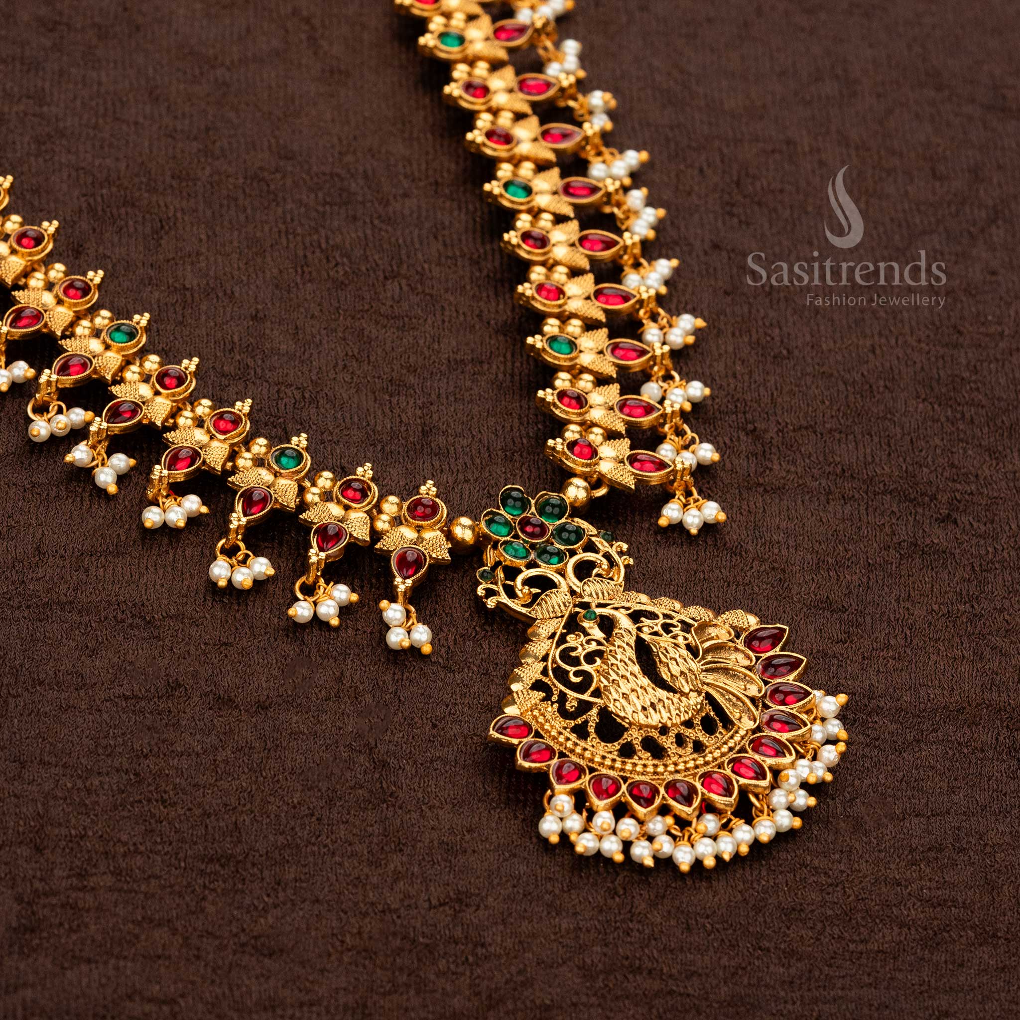 Attractive Classic Matte Gold Peacock With Floral Patter Ruby Green Jewellery Set - Sasitrends