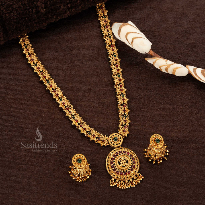 Traditioal Wear Classic Matte Gold Plated Long Haram Temple Jewellery Set with Lakshmi Pendant and Jhumka Earrings - Sasitrends