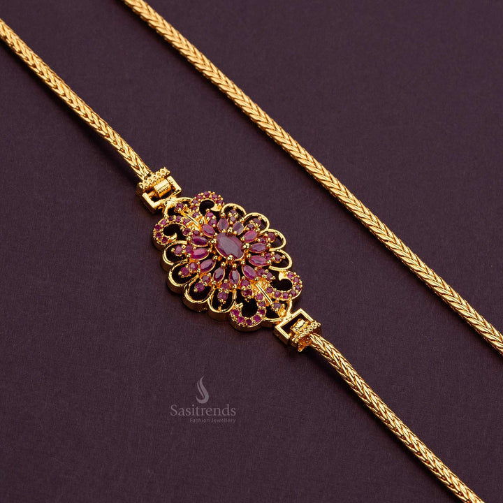 Elegant ruby AD stone floral mugappu chain, designed with an intricate petal motif, ideal for traditional sarees - Sasitrends