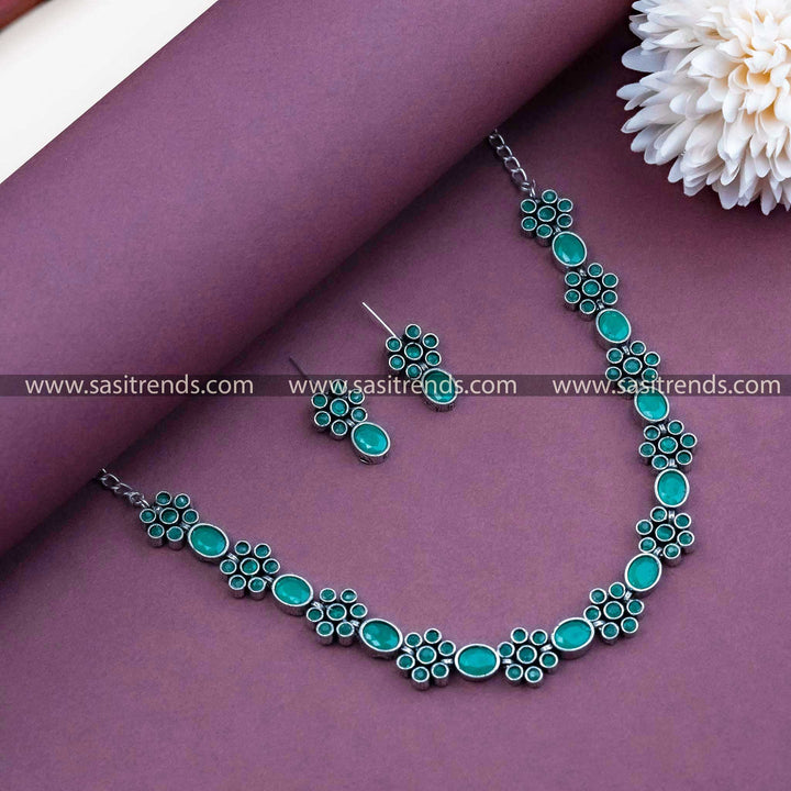 Enchanting Green Oxidised German Silver Necklace Jewellery- Floral Elegance