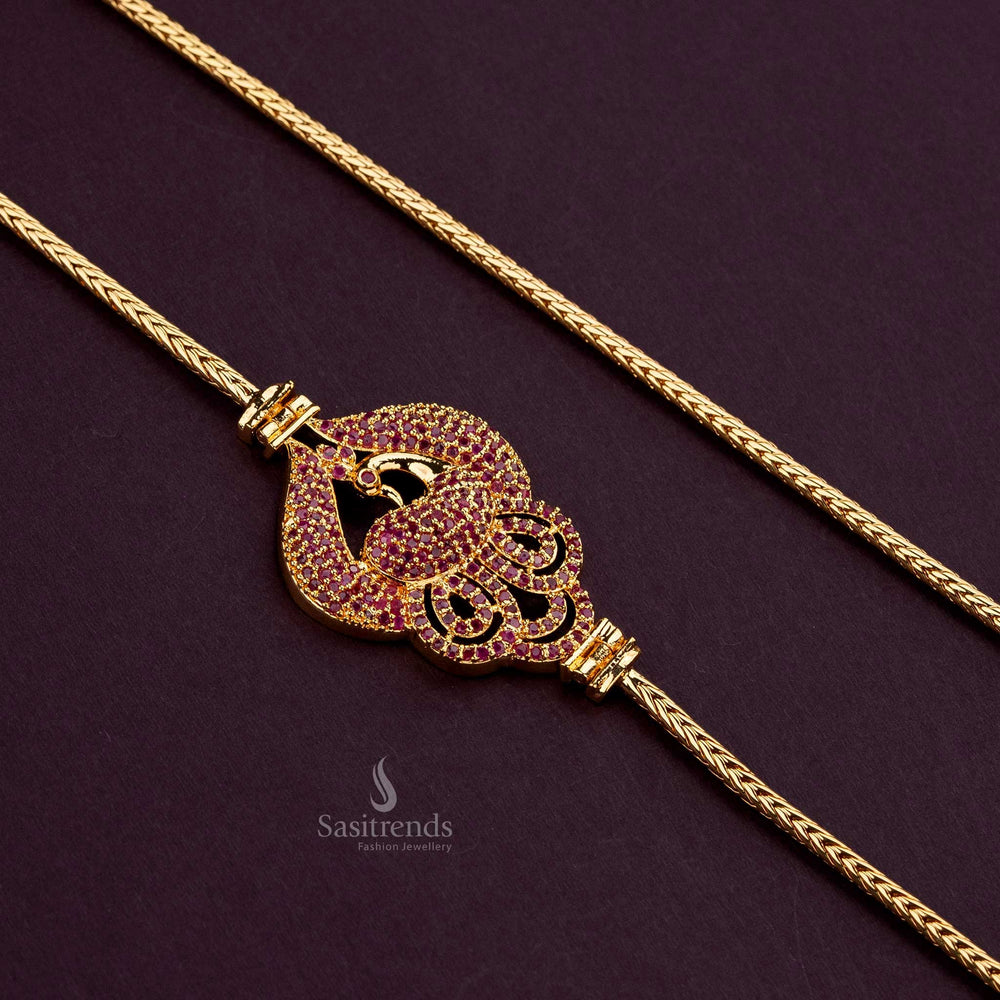 One gram micro gold plated Ruby AD stone Peacock Mugappu Chain, guaranteed for quality and elegance - Sasitrends





