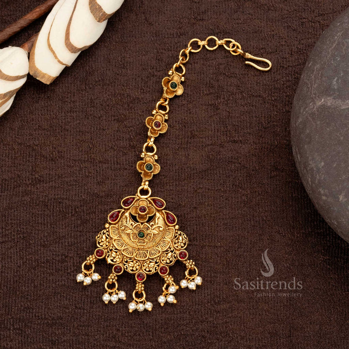 Traditional Classic Matte Gold Plated Floral Design Maang Tikka with Pearl Hangings - Sasitrends