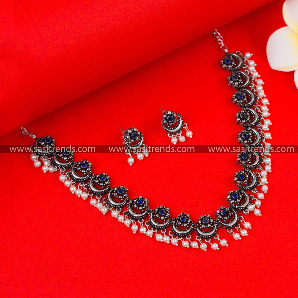 Elegant Blue Stone Necklace Set: Party Wear Oxidised German Silver Jewelry, Floral & Half-Moon Motifs