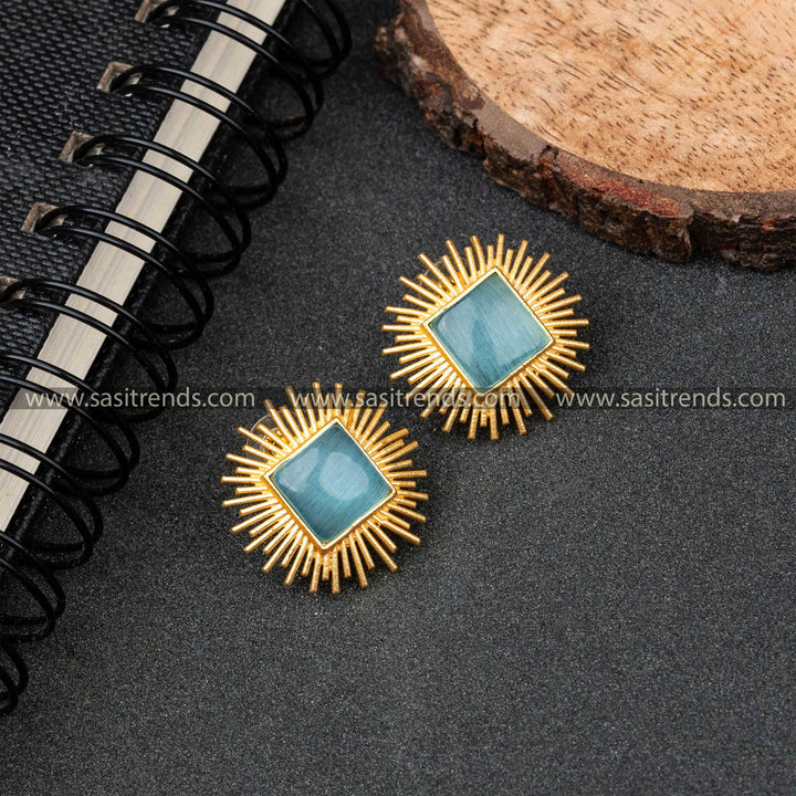 Beautiful Gold Plated Sky Blue Rectangle Monalisa Stone Push Back Earrings 