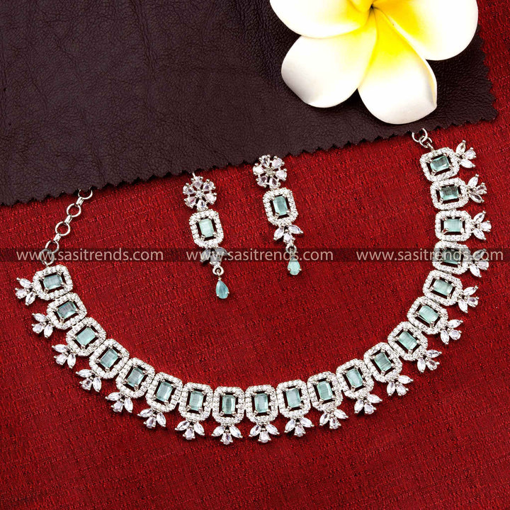 Stylish Mint AD Stone Necklace Set with Rhodium Silver Plating - Complements Western and Ethnic Outfits