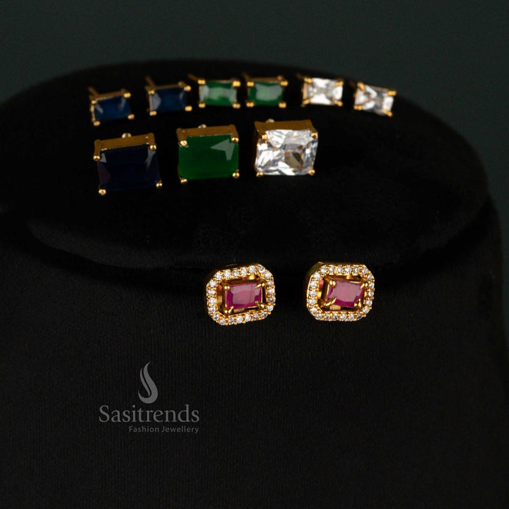 Classic temple-inspired American diamond earrings set with a matte gold finish and halo-set centerpiece - Sasitrends