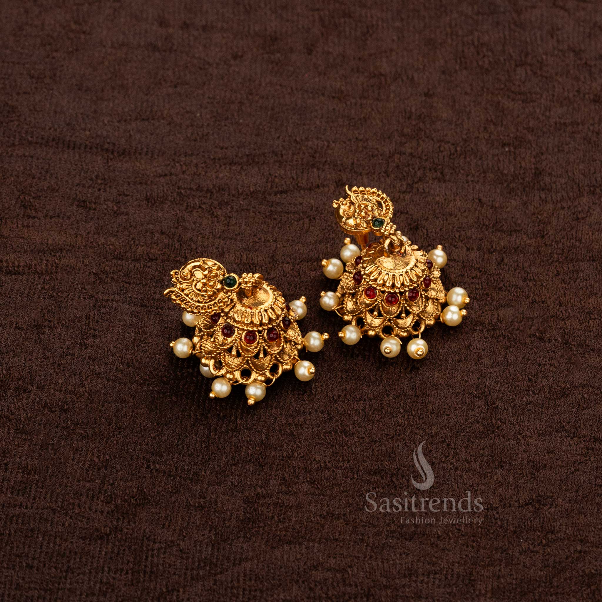 Elegant Classic Temple Gold Plated Peacock Lakshmi Pendant Necklace Set Earrings - Sasitrends