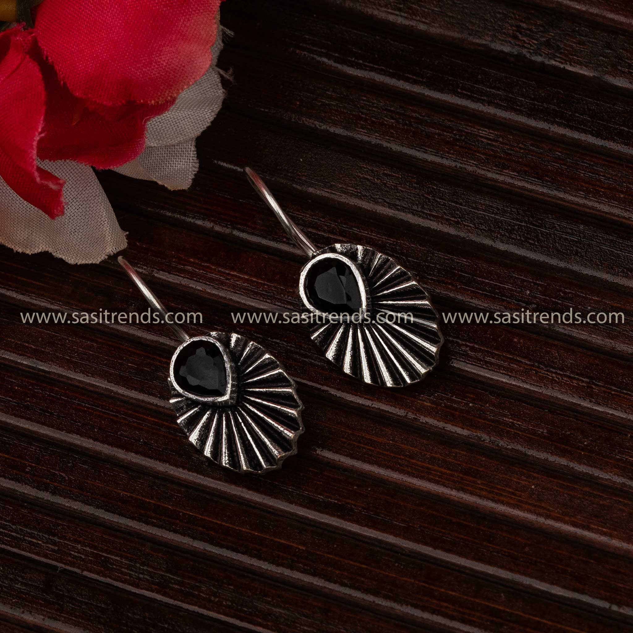 Black Oval Teardrop Oxidised Silver Earrings 2380J for Elegant Looks