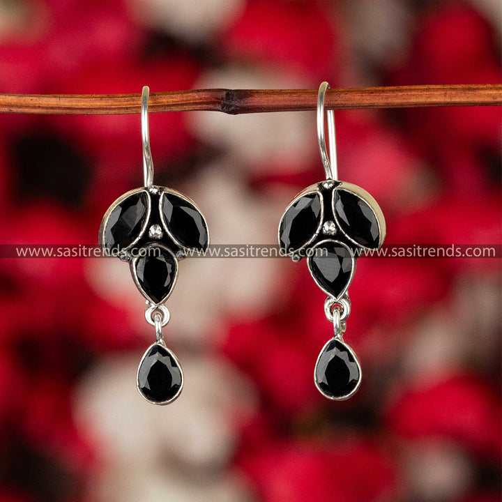 Black Glittering Stone Studded Fish Hook Earrings