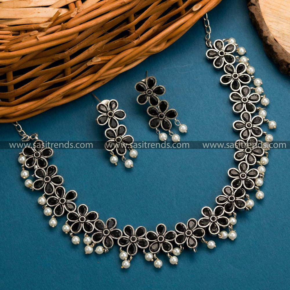 Elegant Oxidised German Silver Floral Necklace Set with Black Stones - Classic Jewelry for Special Occasions